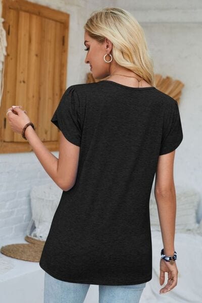 Black V-Neck Petal Sleeve T-Shirt