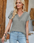 Dark Gray V-Neck Petal Sleeve T-Shirt