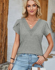 Dark Gray V-Neck Petal Sleeve T-Shirt