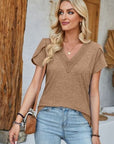 Dim Gray V-Neck Petal Sleeve T-Shirt