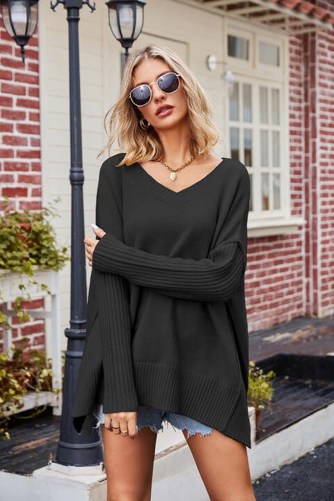 Dark Gray V-Neck Slit Exposed Seam Sweater