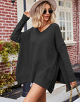 Dark Slate Gray V-Neck Slit Exposed Seam Sweater