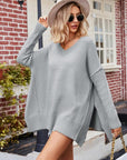 Dark Gray V-Neck Slit Exposed Seam Sweater