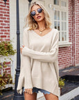 Gray V-Neck Slit Exposed Seam Sweater