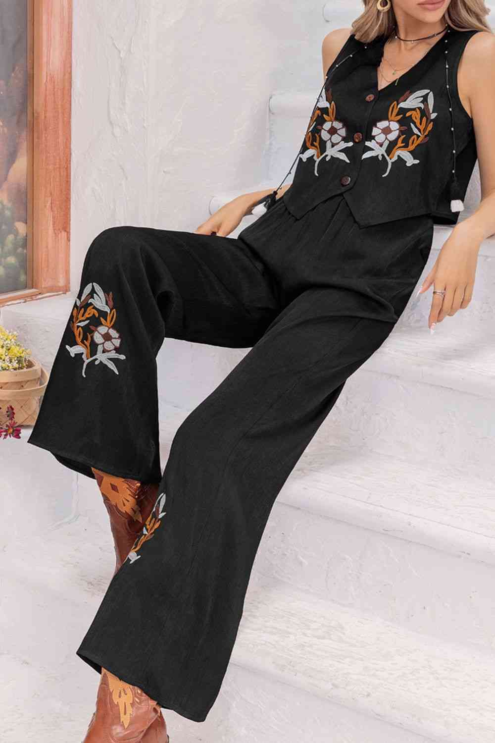 Black V-Neck Tank Top and Long Pants Set