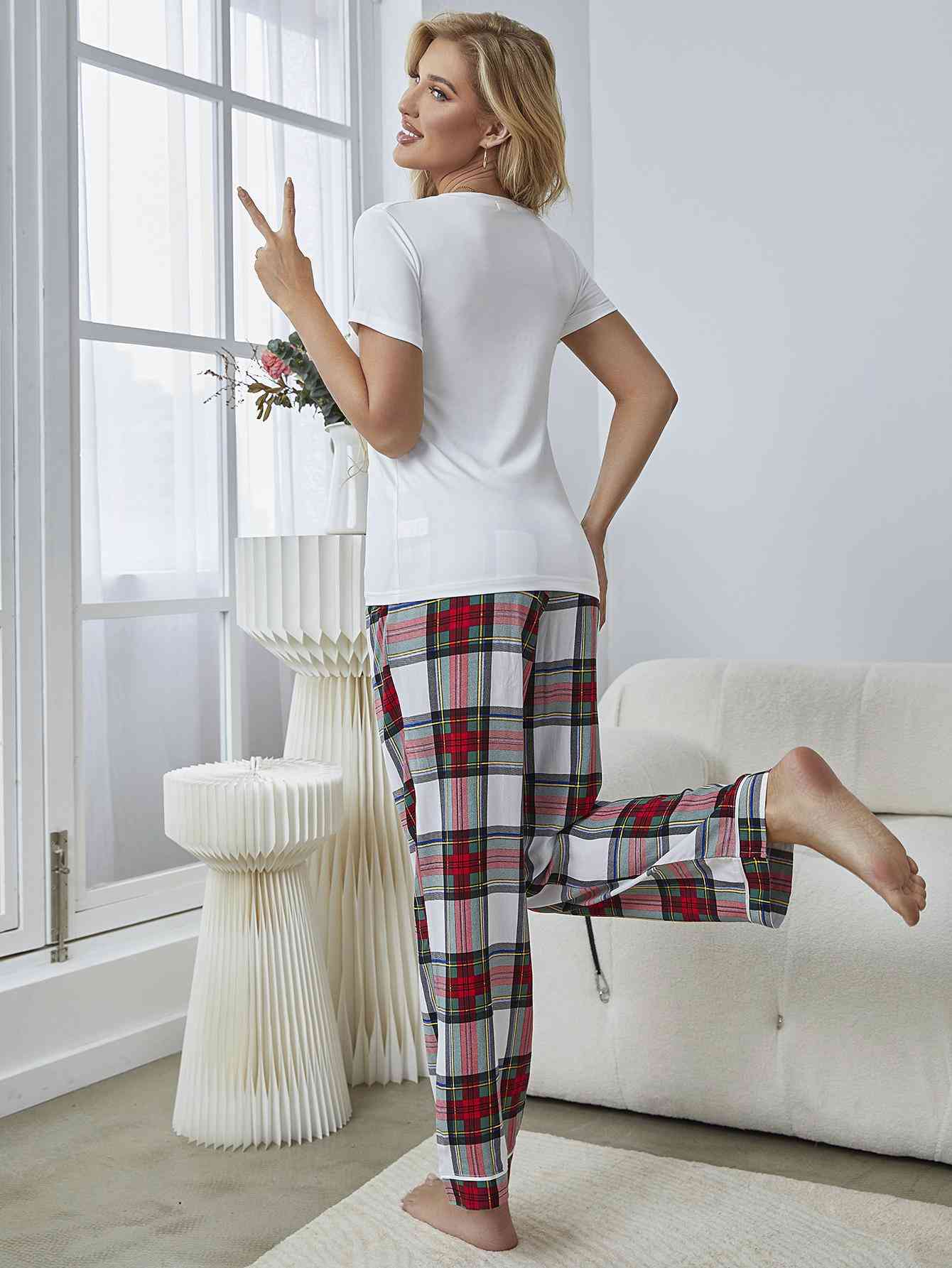 Gray V-Neck Tee and Plaid Pants Lounge Set