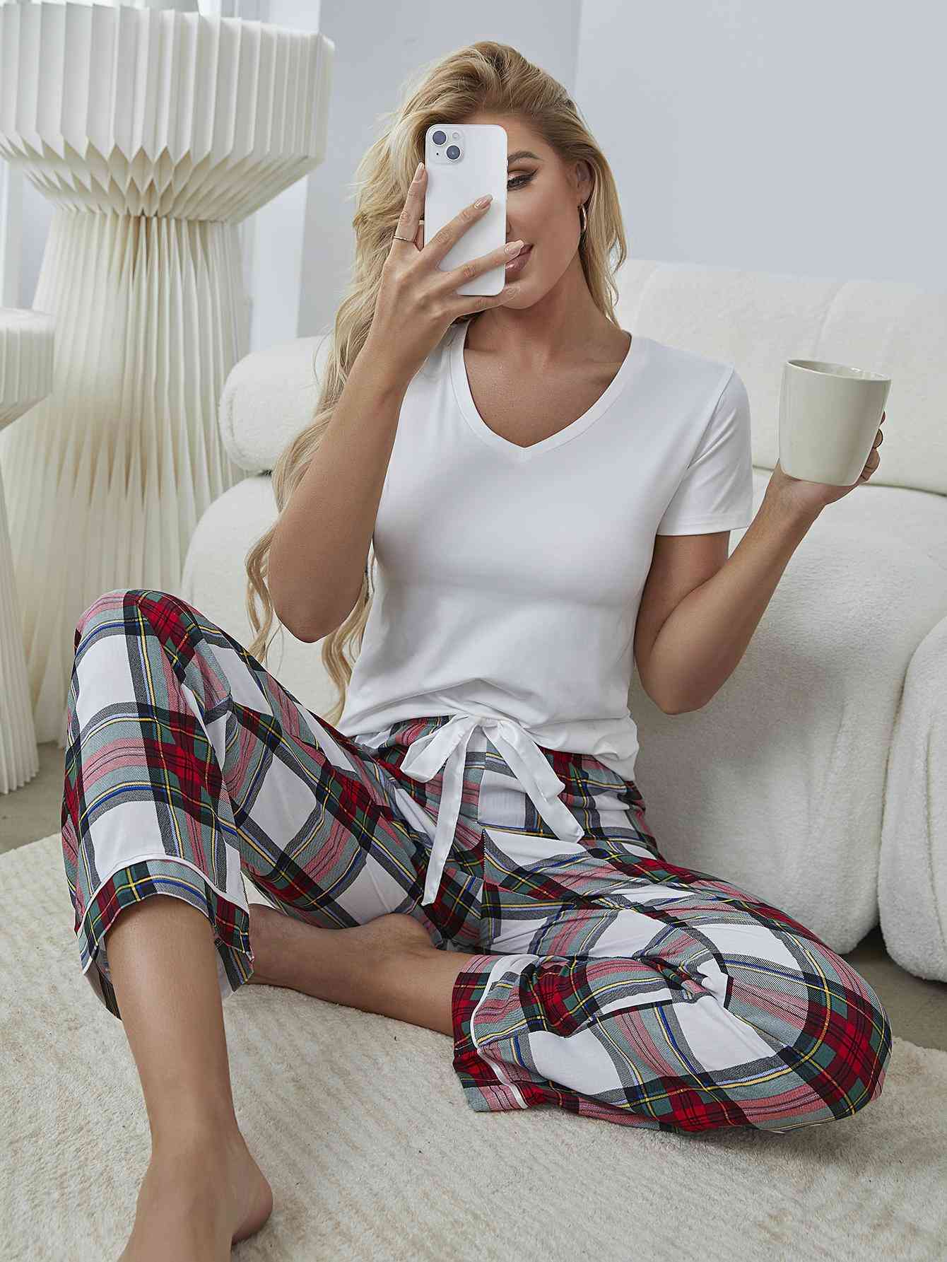 Dark Gray V-Neck Tee and Plaid Pants Lounge Set