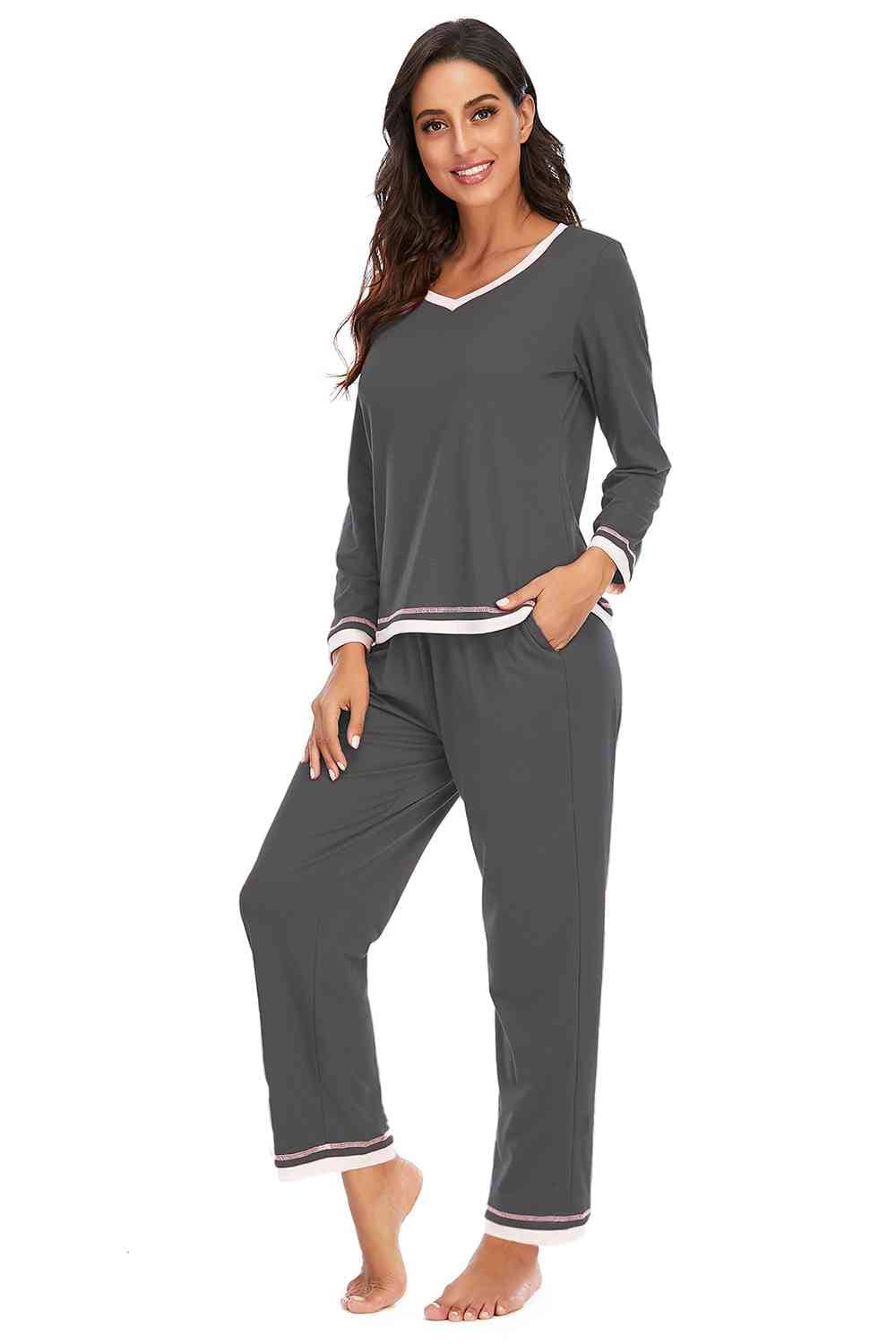 Dark Slate Gray V-Neck Top and Pants Lounge Set