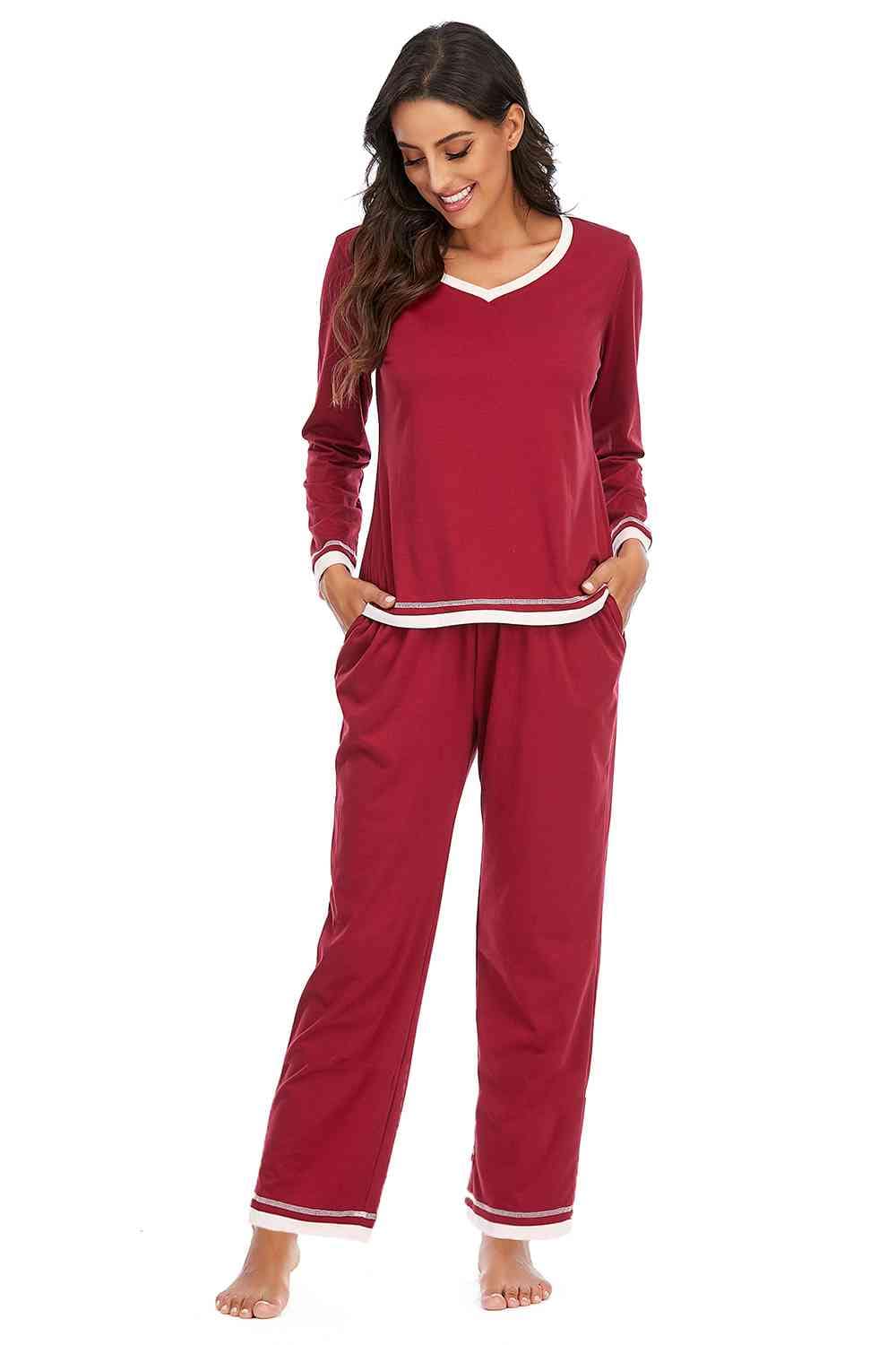 Brown V-Neck Top and Pants Lounge Set