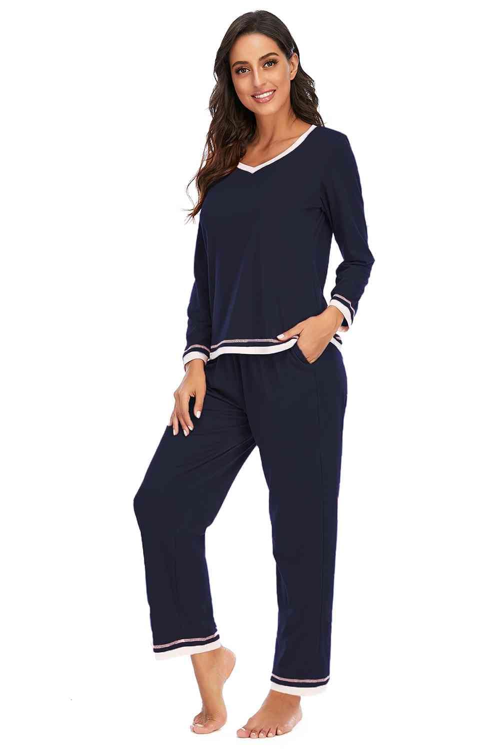 Dark Slate Gray V-Neck Top and Pants Lounge Set