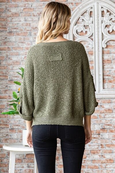 Gray Veveret Round Neck Roll-Up Sweater