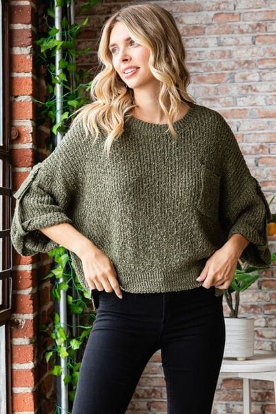 Dark Slate Gray Veveret Round Neck Roll-Up Sweater