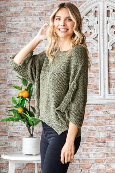 Gray Veveret Round Neck Roll-Up Sweater