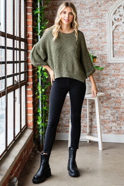 Gray Veveret Round Neck Roll-Up Sweater