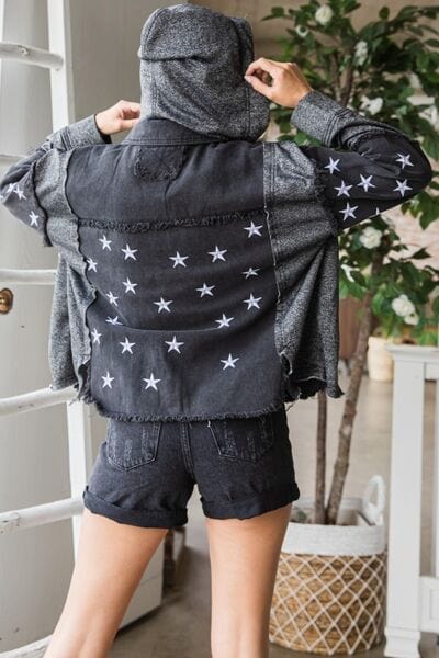 Dark Slate Gray Veveret Star Embroidered Hooded Denim Jacket