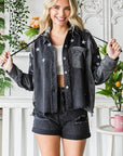 Dark Slate Gray Veveret Star Embroidered Hooded Denim Jacket