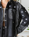 Dark Slate Gray Veveret Star Embroidered Hooded Denim Jacket