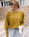 Gray Waffle-Knit Boat Neck Long Sleeve Top