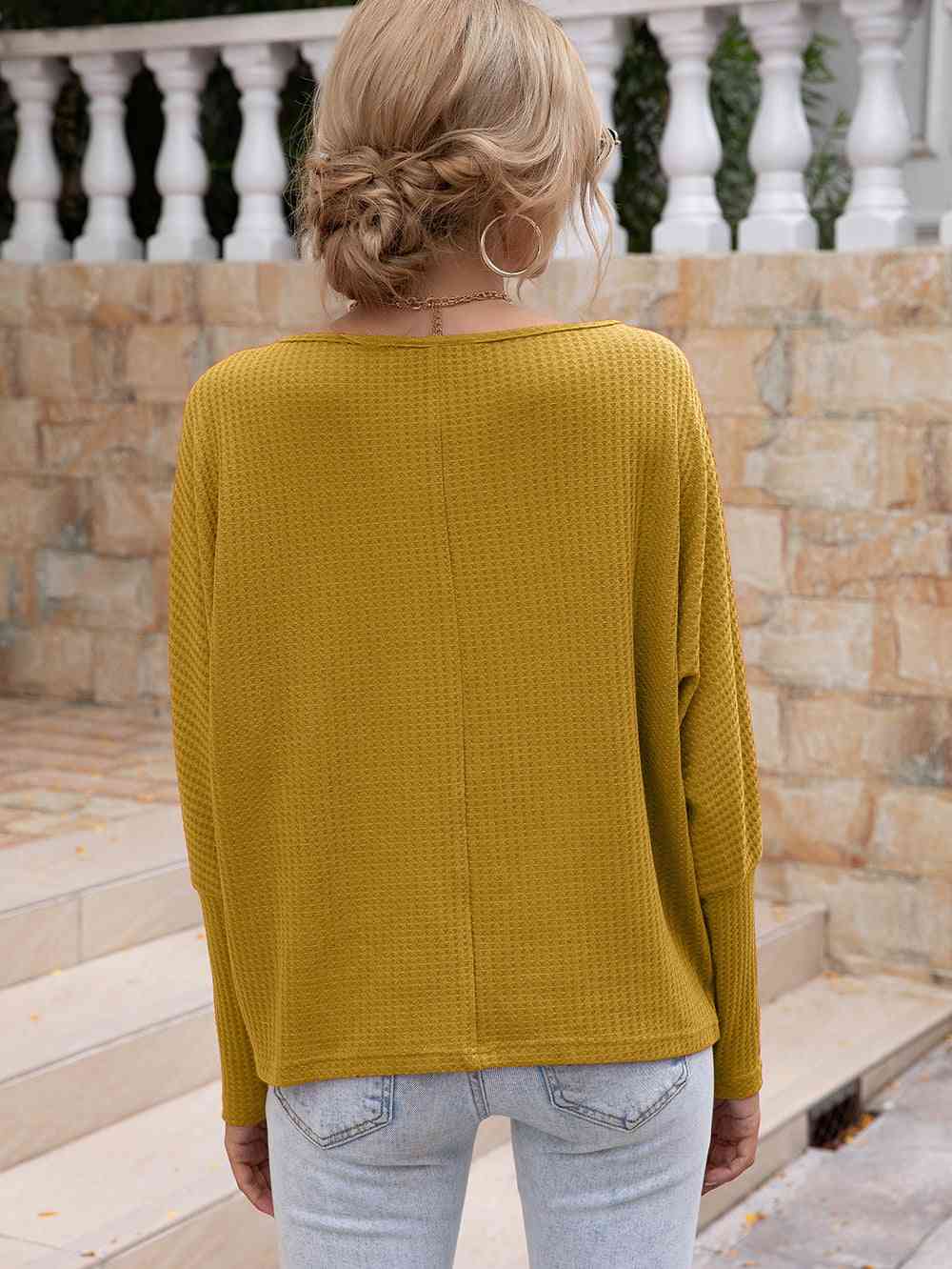 Dark Khaki Waffle-Knit Boat Neck Long Sleeve Top