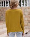 Dark Khaki Waffle-Knit Boat Neck Long Sleeve Top