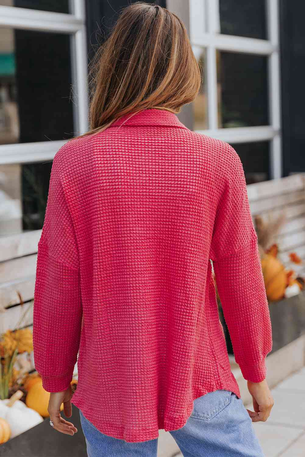 Maroon Waffle-Knit Collared Neck Dropped Shoulder Shirt