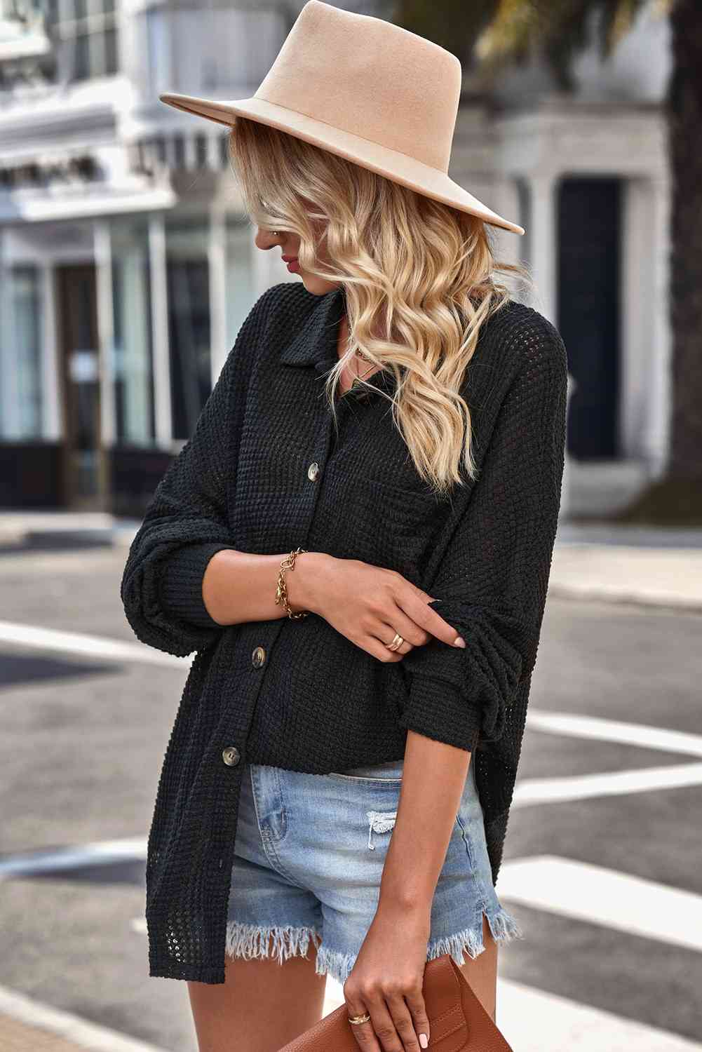 Dark Gray Waffle-Knit Collared Neck Dropped Shoulder Shirt