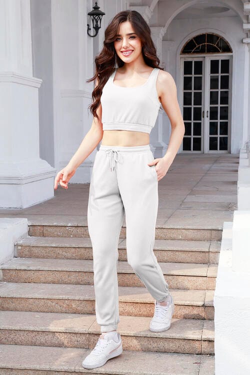 Gray Waffle-Knit Cropped Tank and Drawstring Pants Set