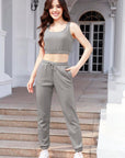 Dark Gray Waffle-Knit Cropped Tank and Drawstring Pants Set