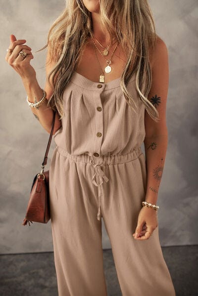 Dim Gray Waffle-Knit Drawstring Wide Strap Jumpsuit