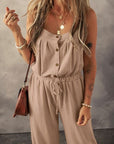 Dim Gray Waffle-Knit Drawstring Wide Strap Jumpsuit