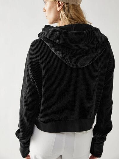 Black Waffle-Knit Dropped Shoulder Hooded Jacket