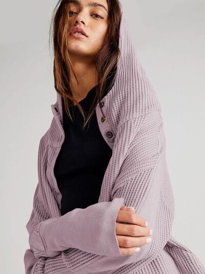 Gray Waffle-Knit Dropped Shoulder Hooded Jacket