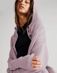 Gray Waffle-Knit Dropped Shoulder Hooded Jacket