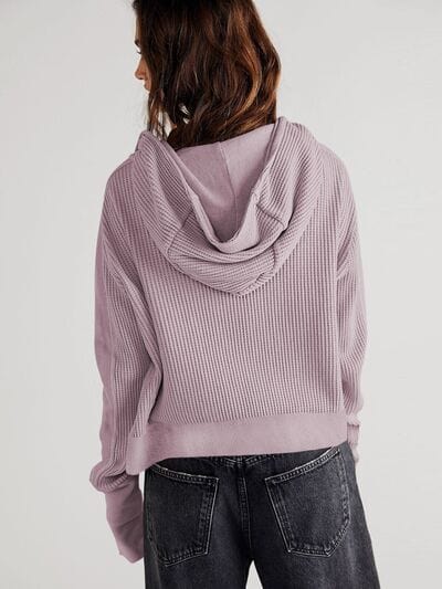 Light Gray Waffle-Knit Dropped Shoulder Hooded Jacket