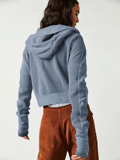 Dark Slate Gray Waffle-Knit Dropped Shoulder Hooded Jacket