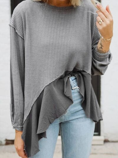 Light Slate Gray Waffle-Knit Round Neck Dropped Shoulder T-Shirt