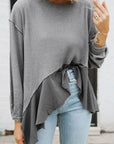 Light Slate Gray Waffle-Knit Round Neck Dropped Shoulder T-Shirt