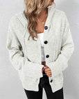 Light Gray Button Up Drawstring Long Sleeve Hooded Cardigan