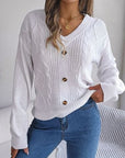 Gray Cable-Knit Buttoned V-Neck Sweater