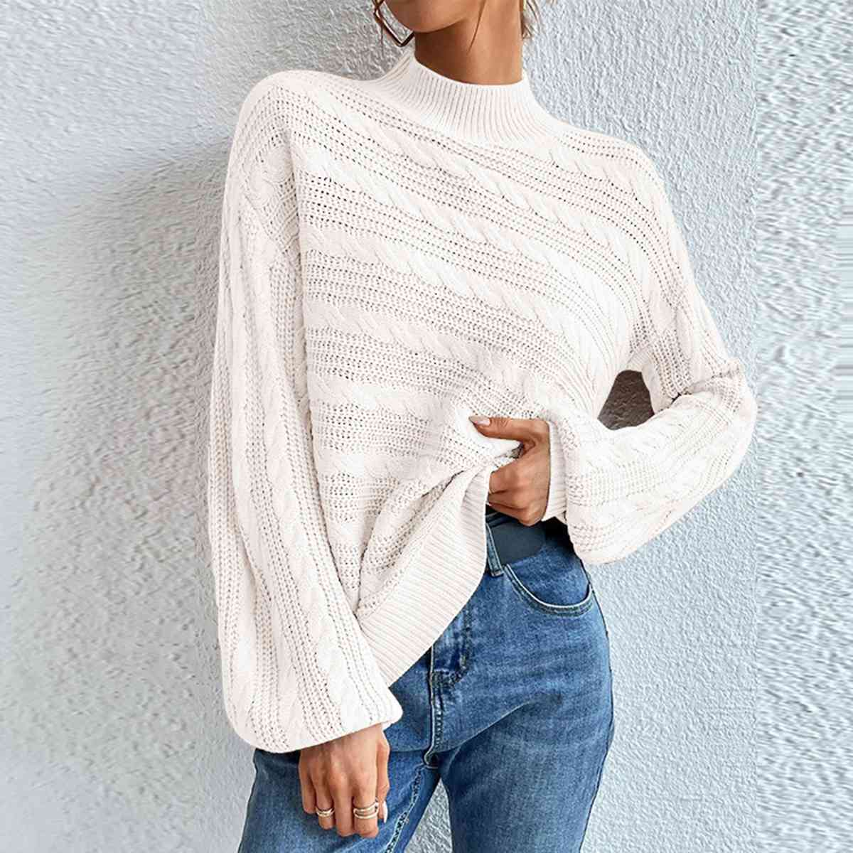 Light Gray Cable-Knit Mock Neck  Long Sleeve Sweater