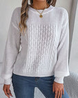 Gray Cable-Knit Round Neck Long Sleeve Sweater