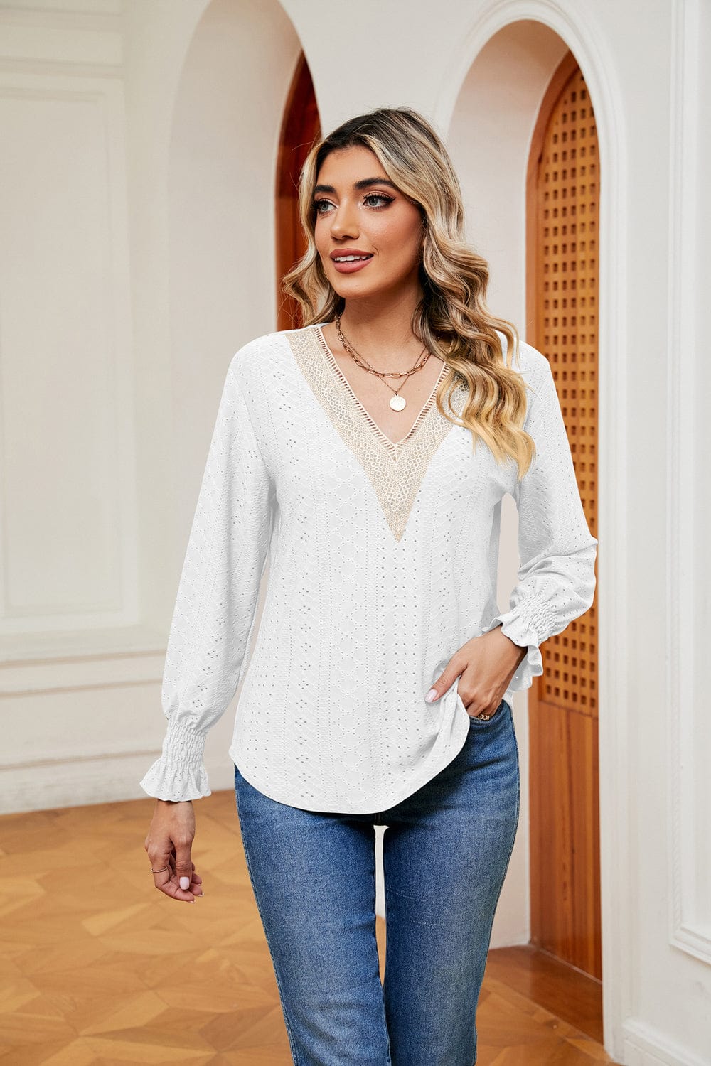 Light Gray Contrast Flounce Sleeve Blouse