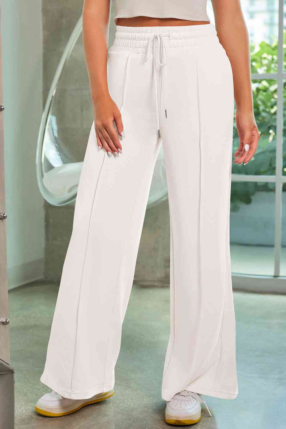 Gray Drawstring Wide Leg Pants with Pockets