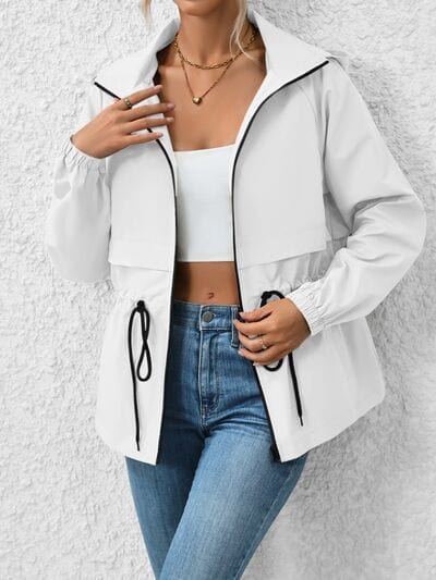 Light Gray Drawstring Zip Up Hooded Jacket