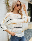 Light Gray Eyelet Striped Round Neck Knit Top