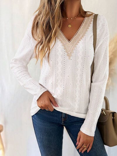 Light Gray Eyelet V-Neck Dropped Shoulder T-Shirt