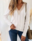 Light Gray Eyelet V-Neck Dropped Shoulder T-Shirt