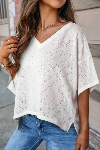 Gray Eyelet V-Neck Dropped Shoulder T-Shirt