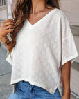 Gray Eyelet V-Neck Dropped Shoulder T-Shirt