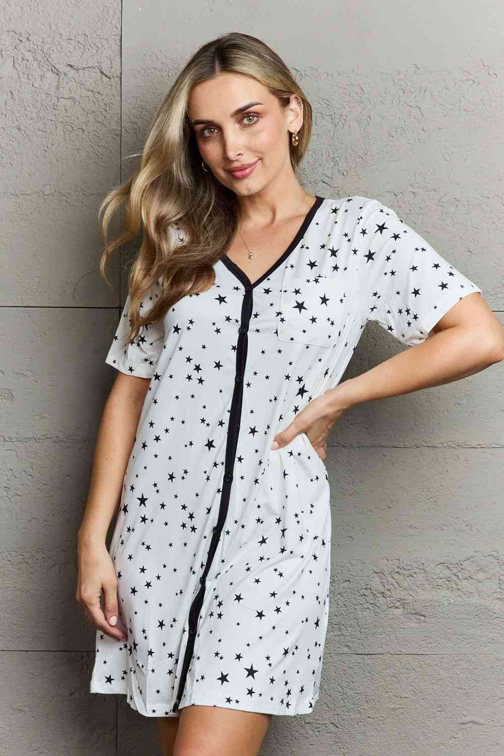 Gray MOON NITE Quilted Quivers Button Down Sleepwear Dress